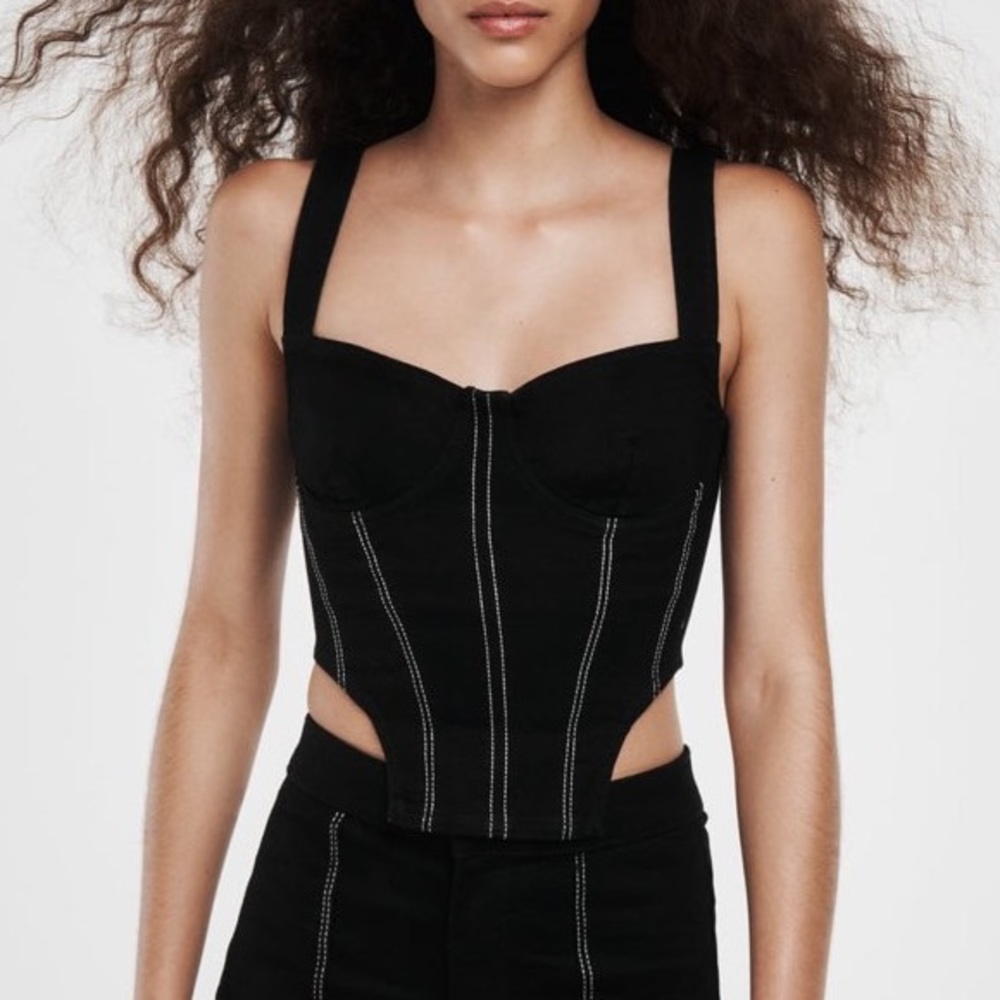 Zara black denim corset with contrast stitching. Size Small.
